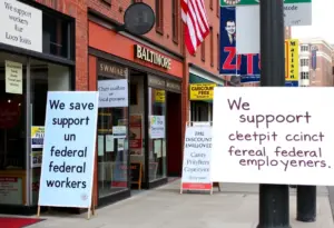 Baltimore street with support signs for federal workers