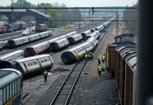 Derailed train cars in Baltimore rail yard