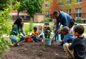 Community members participating in Baltimore's Urban Trees Program planting trees at a school.