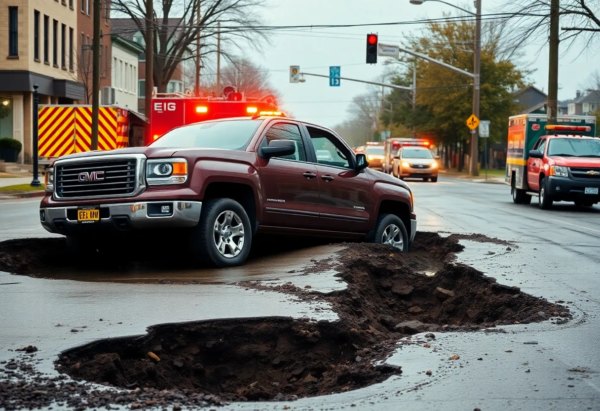 Sinkhole on Highfield Road with a pickup truck, Baltimore