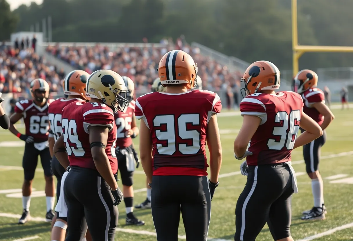 Baltimore Ravens team discussing strategy during a football game.