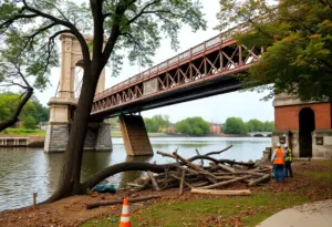 Scene of the Carroll Road bridge collapse with fallen tree and construction workers.