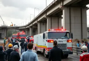 Scene of the Carroll Road bridge collapse with a truck underneath it