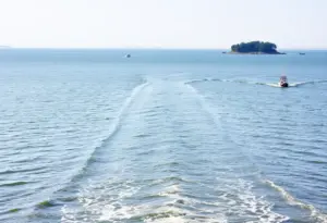 Scenic view of Chesapeake Bay with a boat and Hart-Miller Island in the background.
