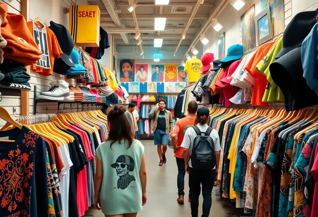 Exterior view of the City of Gods urban apparel store in Baltimore, showcasing its colorful displays.