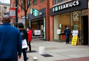 Closed Starbucks store in Baltimore with community members nearby