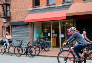 Exterior of the closed Trek Bicycle shop in Baltimore.