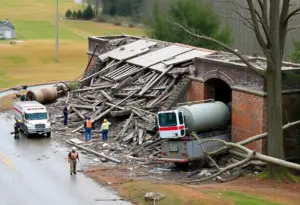 Ruins of a collapsed bridge with emergency responders at the scene.