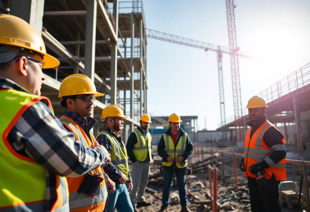 Workers on a construction site wearing safety gear