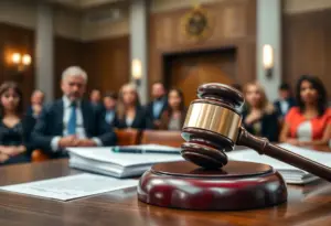 Courtroom scene with judge and legal documents