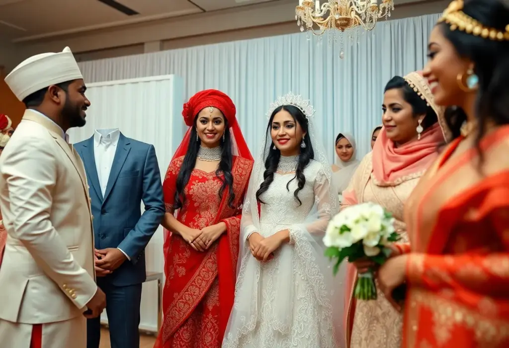 Couples in traditional attire preparing for a culturally inclusive bridal show