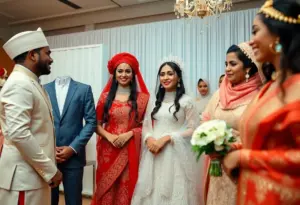Couples in traditional attire preparing for a culturally inclusive bridal show