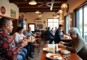 Dining area at Ekiben restaurant with patrons receiving free meals.