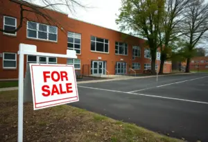 Evanston school building with a 'For Sale' sign and empty playground