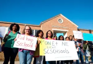 Parents and caregivers protesting school closures outside Washington Elementary School