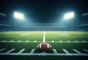 An empty football field with a football on the 50-yard line