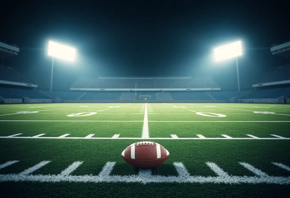 An empty football field with a football on the 50-yard line