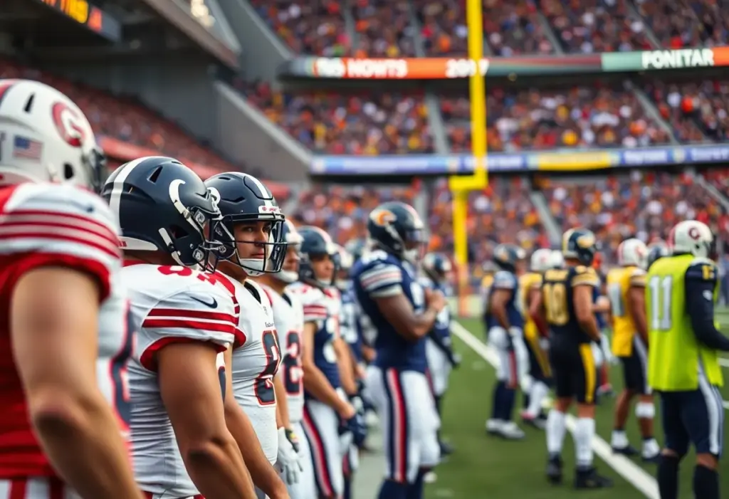 Football players on sidelines during a game showing concern over injuries