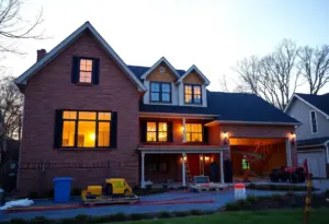 Construction site of a new home in Baltimore with workers and machinery.