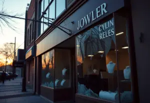 Scene of a jewelry store burglary with broken windows and police investigation.