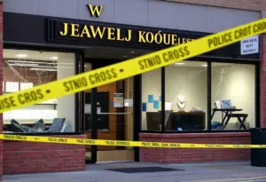 A jewelry store with broken windows and police tape after a burglary shooting incident.