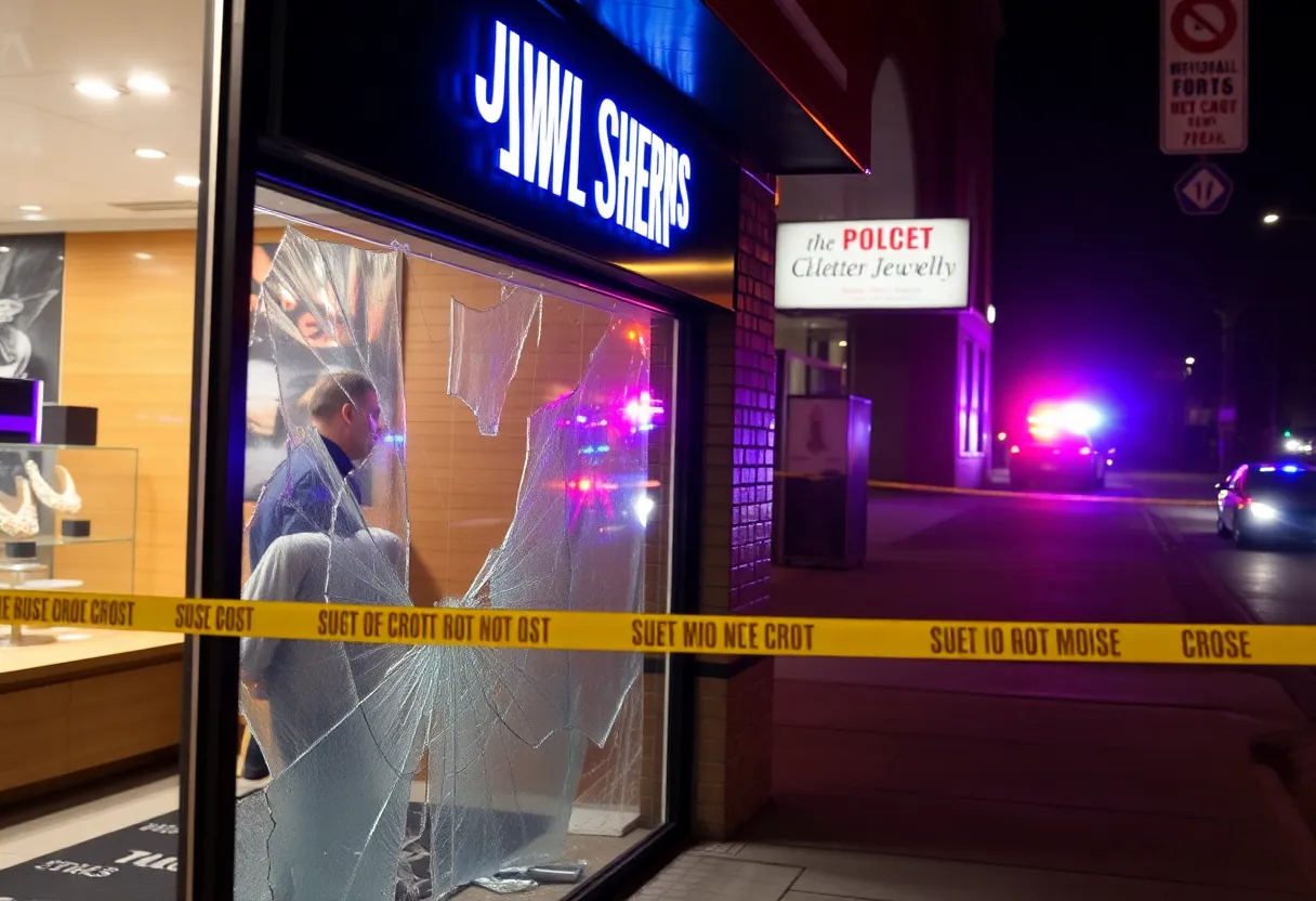 Scene of a jewelry store with broken glass following a burglary attempt.