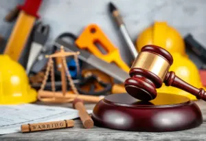 An artistic representation of justice in the construction industry with tools and a gavel.