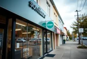 A secure business storefront in North Baltimore illustrating community concern about juvenile crime.