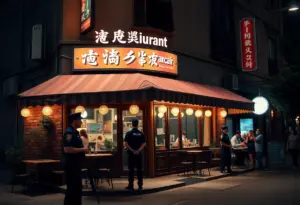 Security personnel managing a local restaurant crowd