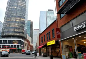A vibrant Maryland business district with various shops and offices.