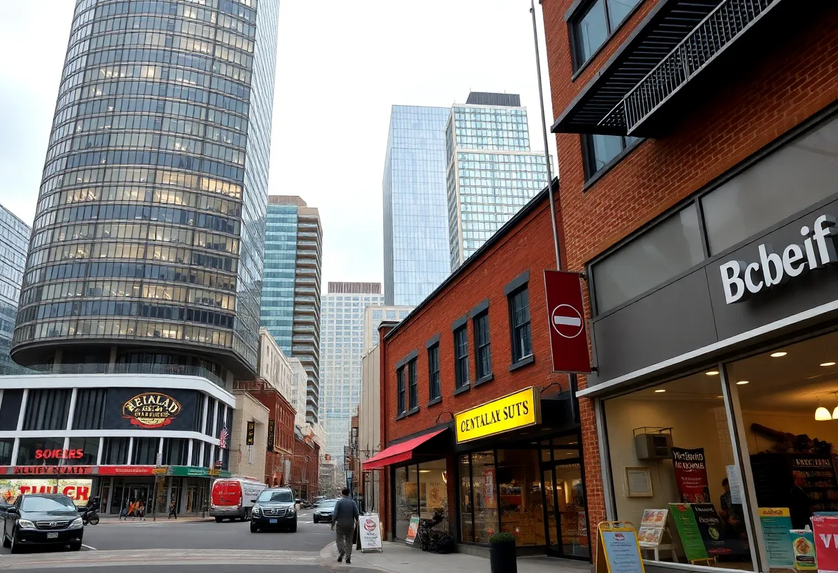 A vibrant Maryland business district with various shops and offices.