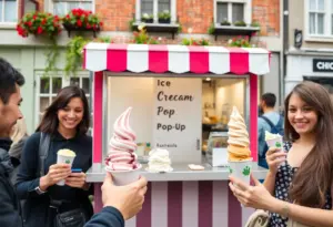 Mishmish ice cream pop-up with various flavored ice creams and happy customers