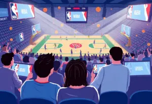 Digital illustration representing NBA and WNBA games, highlighting the Xfinity partnership.