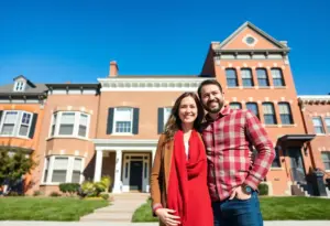 Happy couple in front of their new home in Baltimore