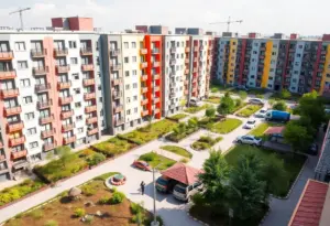 Rendering of the new Parkside Commons redevelopment with modern apartments and green spaces.