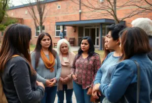 Parents discussing safety outside Fallstaff Elementary-Middle School after a raccoon rabies incident.