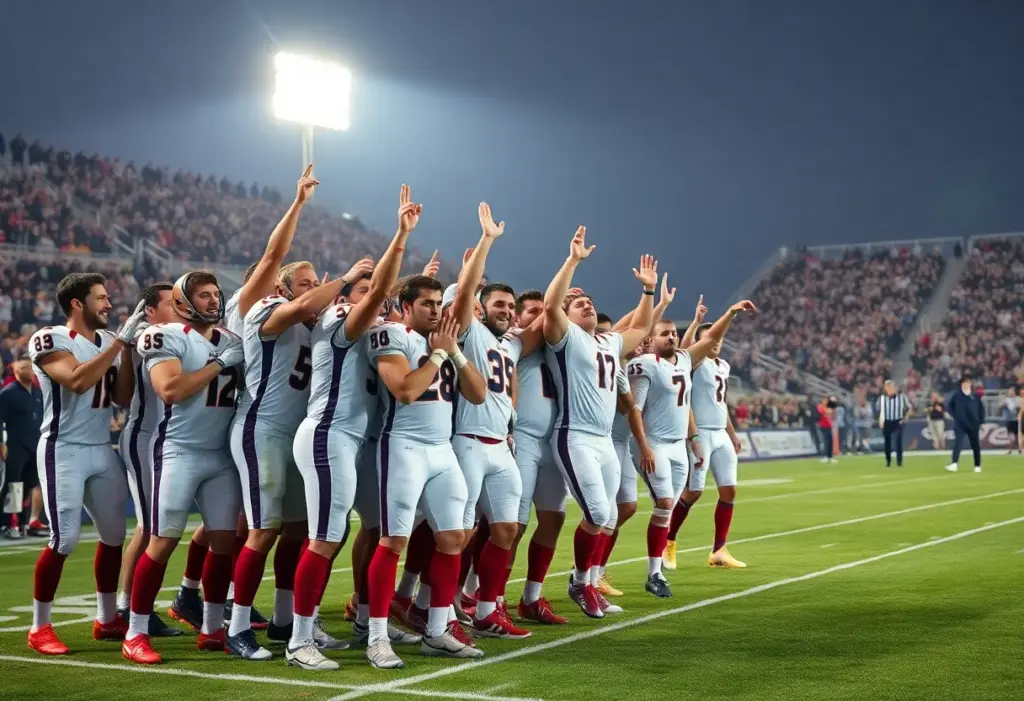 Baltimore Ravens players celebrating a win on the football field.
