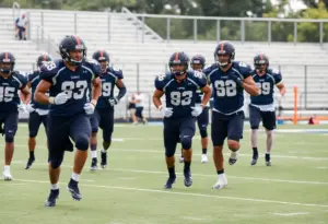 Football practice session with players training on the field