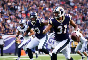 Football players from the Baltimore Ravens and Los Angeles Rams competing on the field