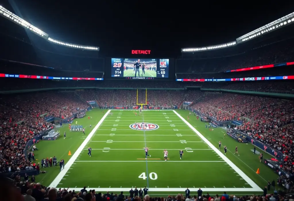 Football players from the Ravens and Texans in action during a game, showcasing a scoreboard with a large score disparity.