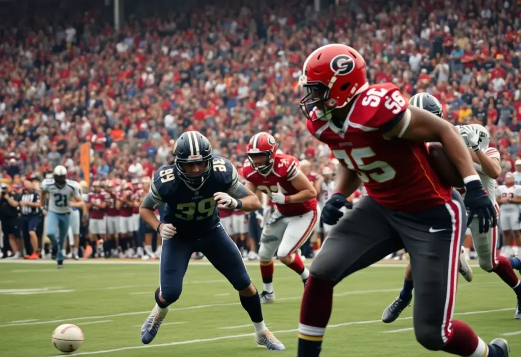 A dynamic football game showcasing Baltimore Ravens players in action against the Buffalo Bills.