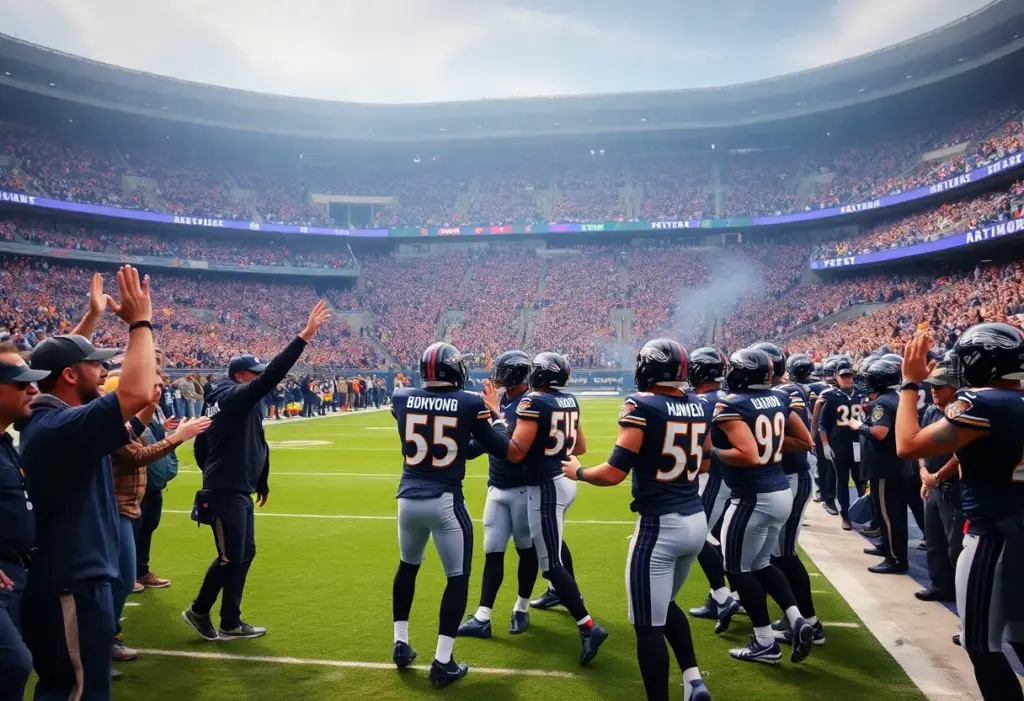 Baltimore Ravens players celebrating their victory against the Chicago Bears.