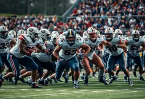 Football players from a team struggling on the field during a game.