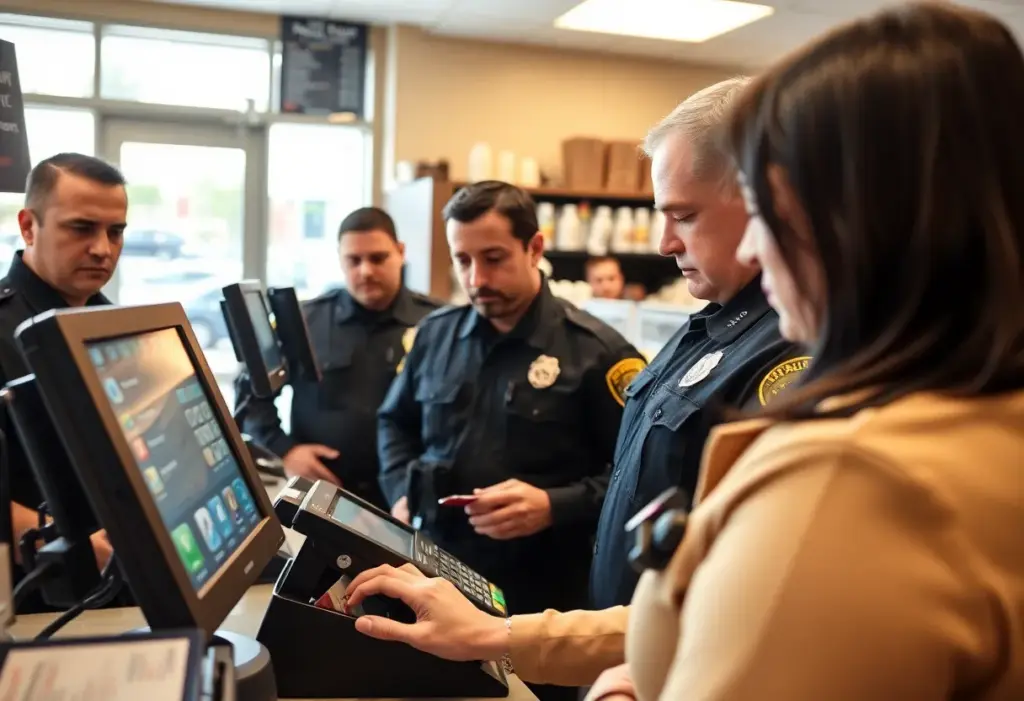 Law enforcement officers inspecting equipment to prevent fraud.