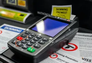 Point-of-sale terminal showing signs of tampering with educational materials on skimming.