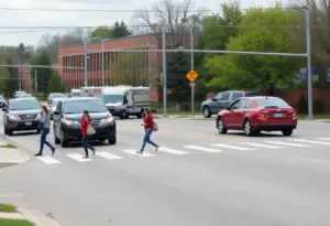 Busy roadway near Panther Creek High School with students crossing