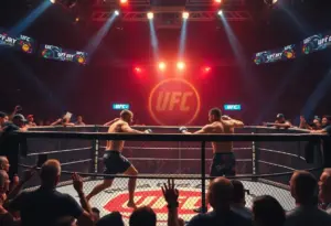 Fighters in an intense UFC match with fans cheering in the background