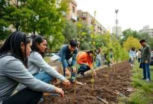 Community members planting trees in an urban area.