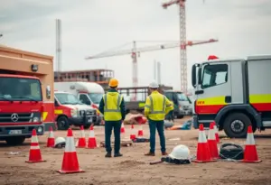 Emergency responders at a construction site following an accident.