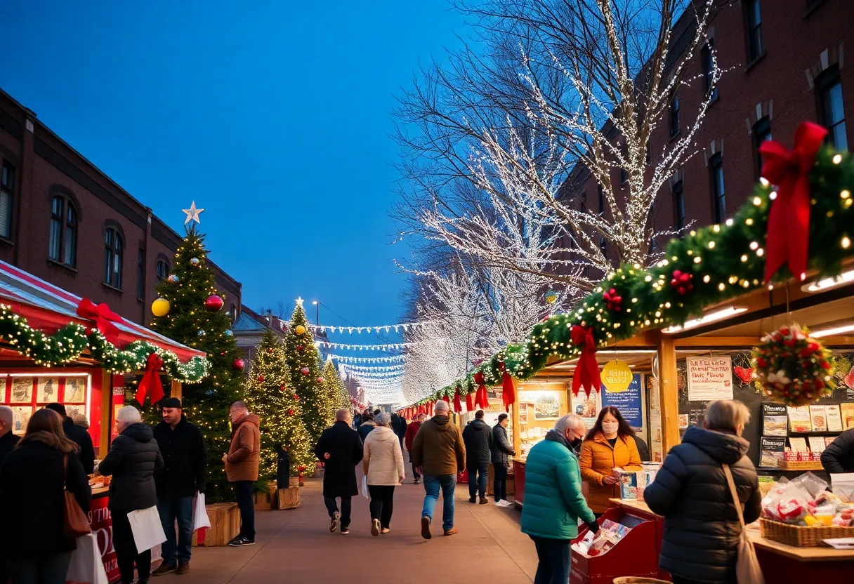 Festive holiday market in Baltimore with trees and decorations
